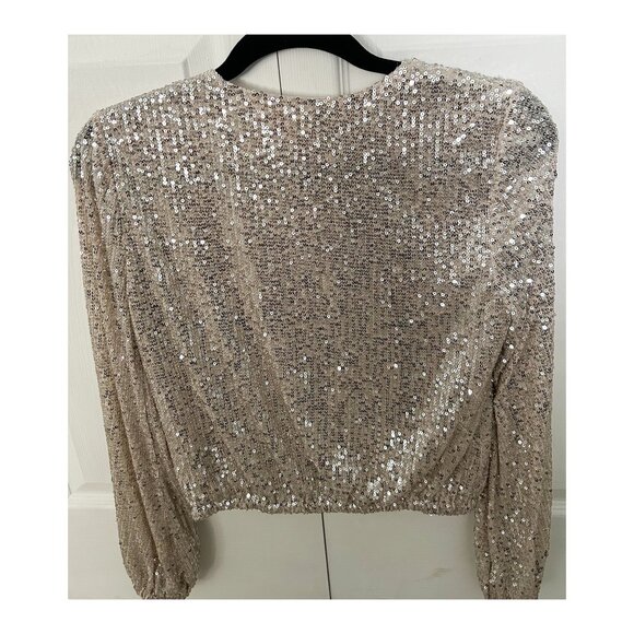 Open Edit Sequin V-Neck Top Champagne Beige-Silver Sequins XS - Picture 4 of 5
